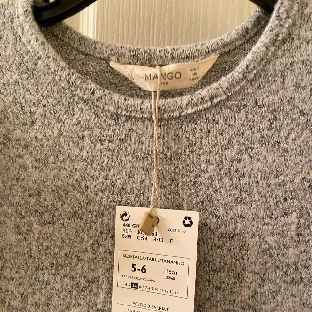 Mango Girls Textured Ruffled Dress Heather Grey Size 5-6 Years NWT